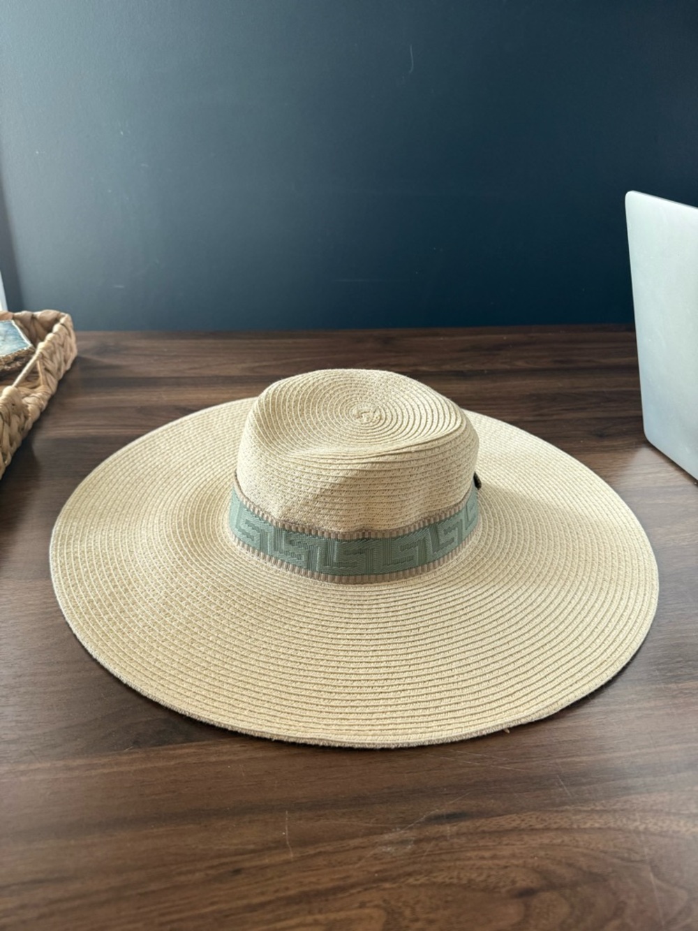 Wide Brim Straw Sun Hat with Patterned Band